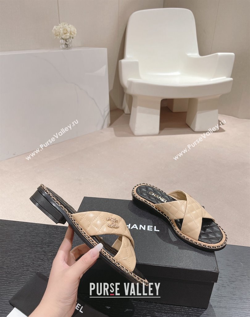 Chanel Quilted Lambskin Flat Slide Sandals with Chain and Cross Strap Beige 2024 0423 (MD-240423064)