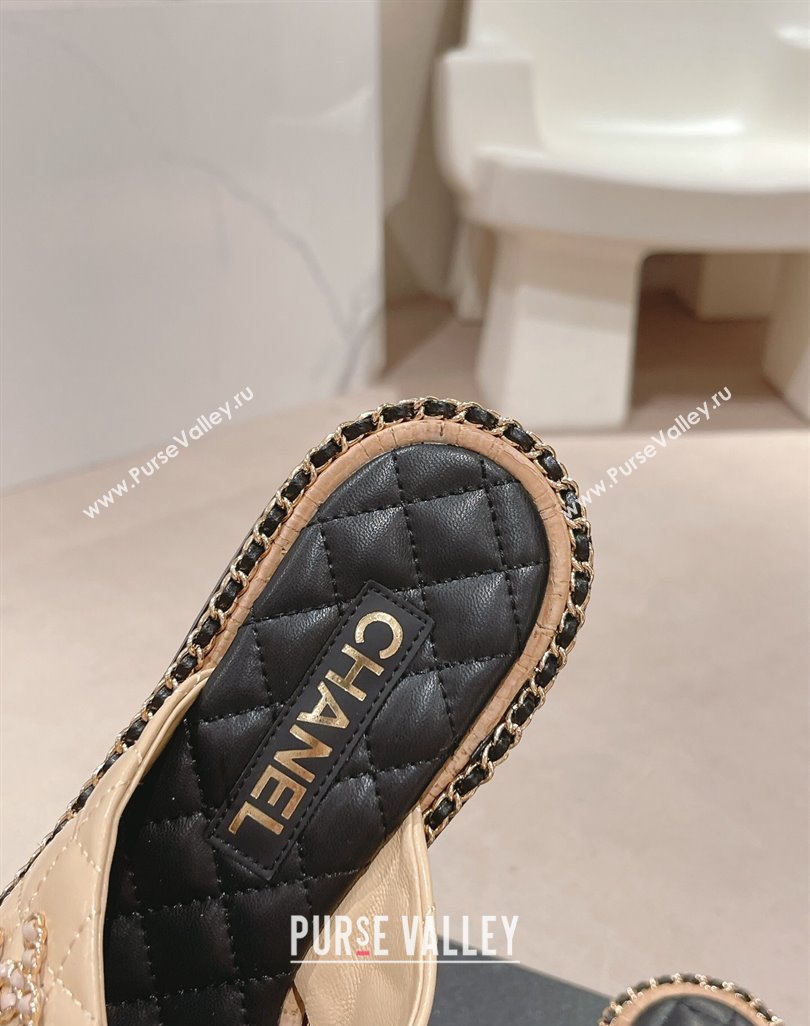 Chanel Quilted Lambskin Flat Slide Sandals with Chain and Cross Strap Beige 2024 0423 (MD-240423064)