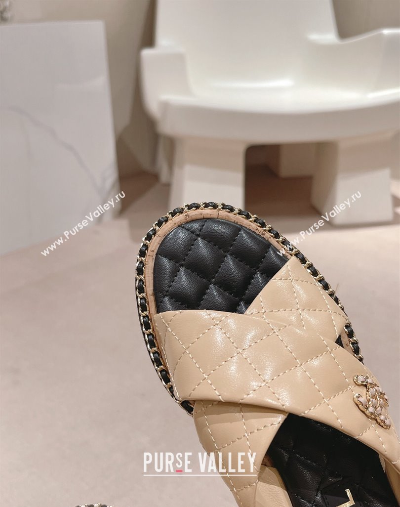 Chanel Quilted Lambskin Flat Slide Sandals with Chain and Cross Strap Beige 2024 0423 (MD-240423064)