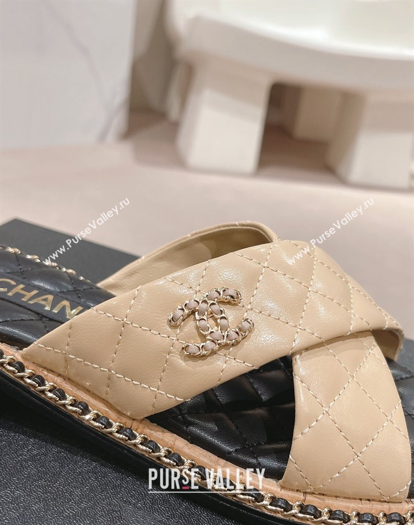 Chanel Quilted Lambskin Flat Slide Sandals with Chain and Cross Strap Beige 2024 0423 (MD-240423064)