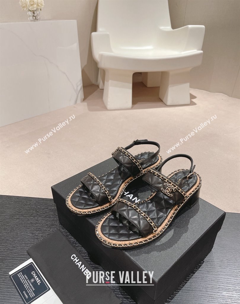 Chanel Quilted Lambskin Strap Heel Sandals 4cm with Chain Charm Black 2024 0423 (MD-240423070)