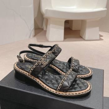 Chanel Quilted Lambskin Strap Heel Sandals 4cm with Chain Charm Black 2024 0423 (MD-240423070)