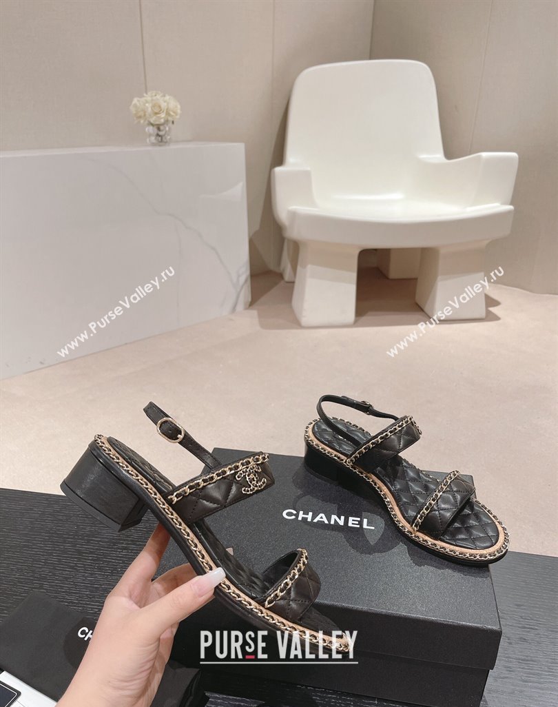 Chanel Quilted Lambskin Strap Heel Sandals 4cm with Chain Charm Black 2024 0423 (MD-240423070)