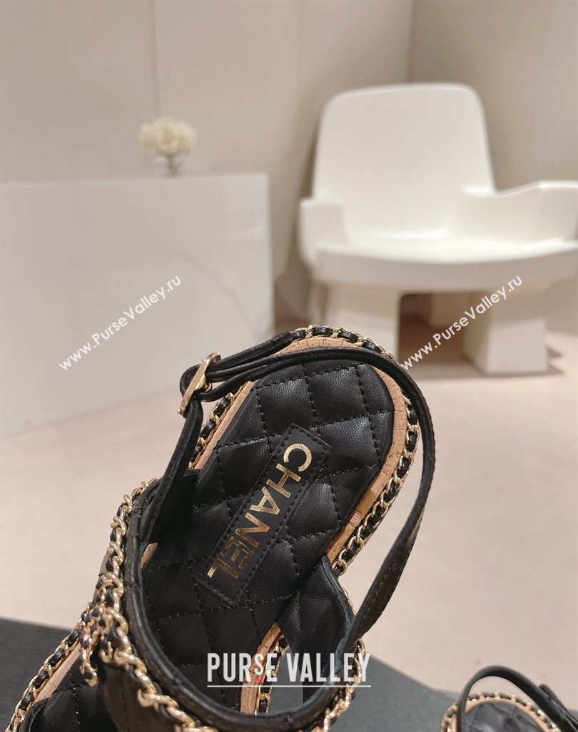 Chanel Quilted Lambskin Strap Heel Sandals 4cm with Chain Charm Black 2024 0423 (MD-240423070)