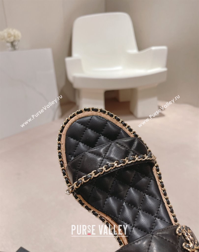 Chanel Quilted Lambskin Strap Heel Sandals 4cm with Chain Charm Black 2024 0423 (MD-240423070)
