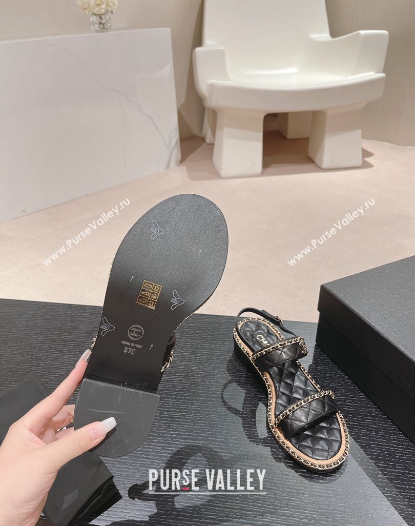 Chanel Quilted Lambskin Strap Heel Sandals 4cm with Chain Charm Black 2024 0423 (MD-240423070)