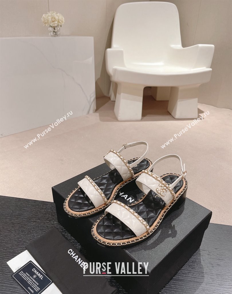 Chanel Quilted Lambskin Strap Heel Sandals 4cm with Chain Charm White 2024 0423 (MD-240423072)