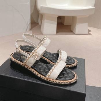 Chanel Quilted Lambskin Strap Heel Sandals 4cm with Chain Charm White 2024 0423 (MD-240423072)