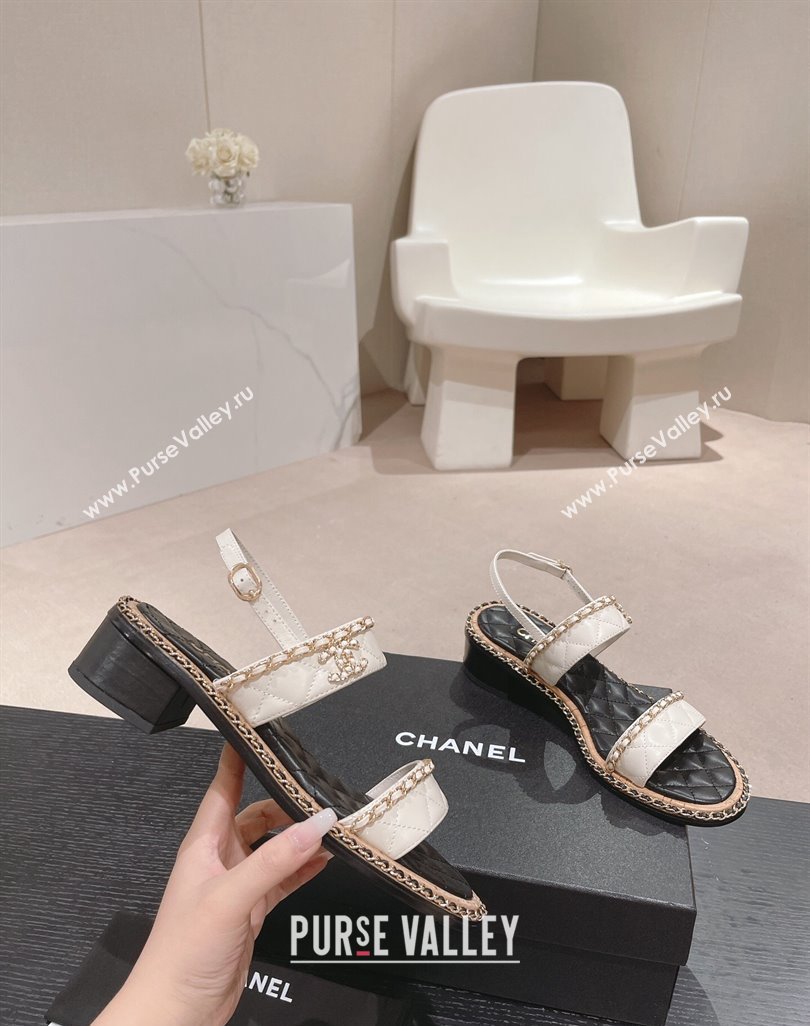 Chanel Quilted Lambskin Strap Heel Sandals 4cm with Chain Charm White 2024 0423 (MD-240423072)