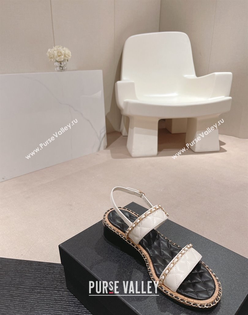 Chanel Quilted Lambskin Strap Heel Sandals 4cm with Chain Charm White 2024 0423 (MD-240423072)