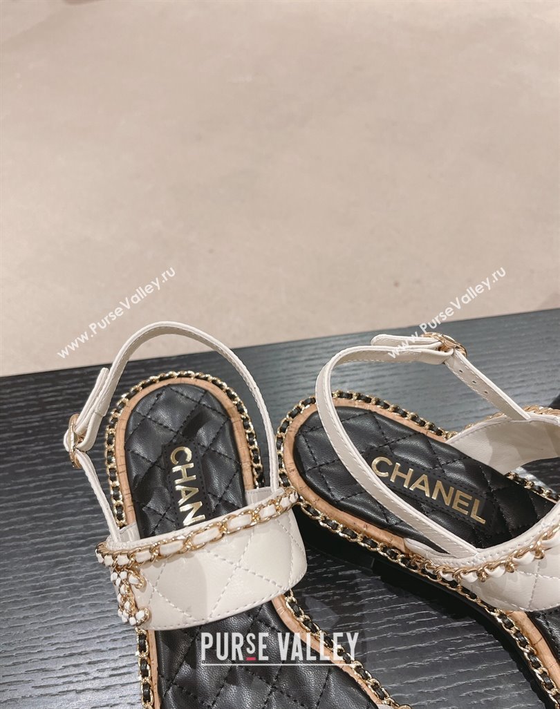 Chanel Quilted Lambskin Strap Heel Sandals 4cm with Chain Charm White 2024 0423 (MD-240423072)