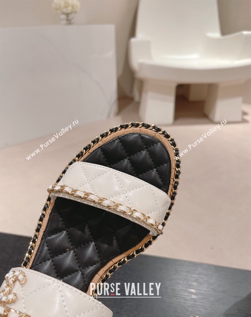 Chanel Quilted Lambskin Strap Heel Sandals 4cm with Chain Charm White 2024 0423 (MD-240423072)