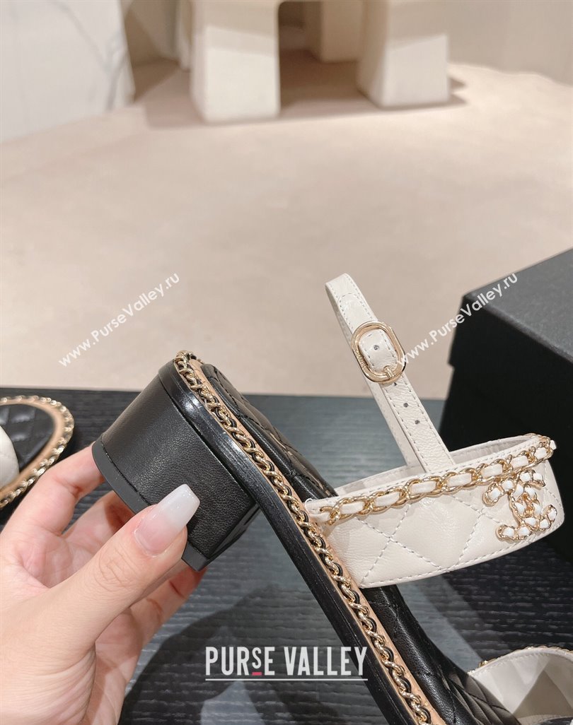 Chanel Quilted Lambskin Strap Heel Sandals 4cm with Chain Charm White 2024 0423 (MD-240423072)