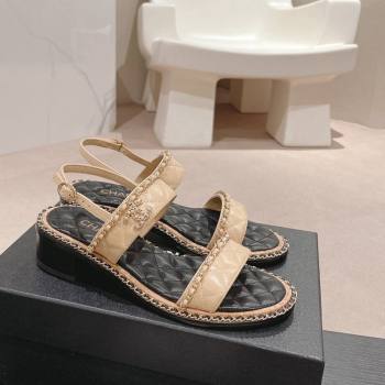 Chanel Quilted Lambskin Strap Heel Sandals 4cm with Chain Charm Beige 2024 0423 (MD-240423073)