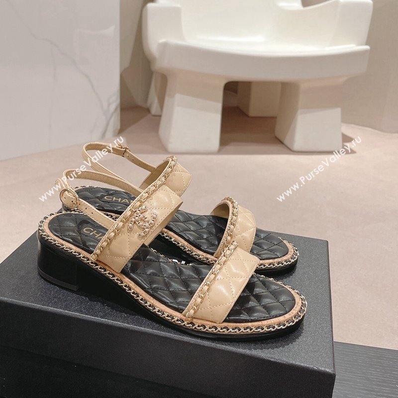 Chanel Quilted Lambskin Strap Heel Sandals 4cm with Chain Charm Beige 2024 0423 (MD-240423073)