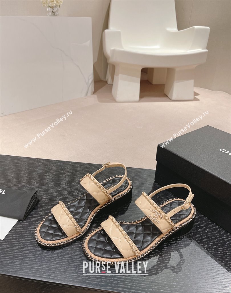 Chanel Quilted Lambskin Strap Heel Sandals 4cm with Chain Charm Beige 2024 0423 (MD-240423073)