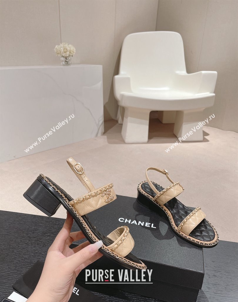 Chanel Quilted Lambskin Strap Heel Sandals 4cm with Chain Charm Beige 2024 0423 (MD-240423073)