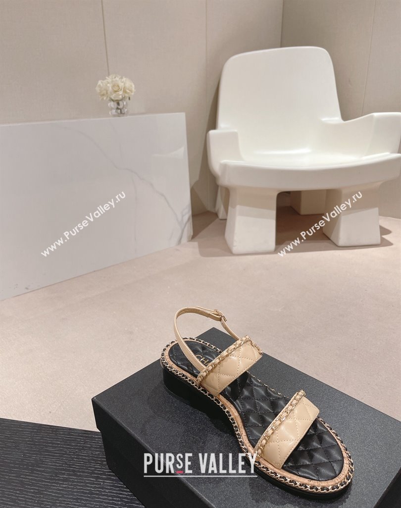 Chanel Quilted Lambskin Strap Heel Sandals 4cm with Chain Charm Beige 2024 0423 (MD-240423073)