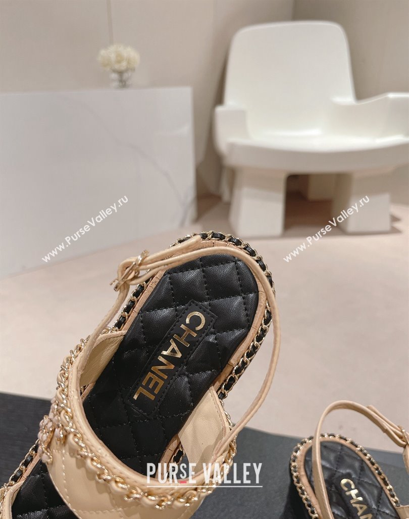 Chanel Quilted Lambskin Strap Heel Sandals 4cm with Chain Charm Beige 2024 0423 (MD-240423073)