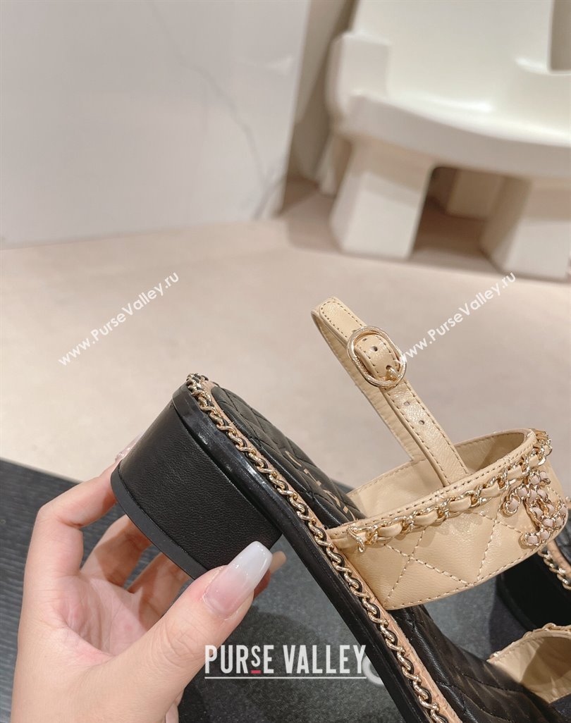 Chanel Quilted Lambskin Strap Heel Sandals 4cm with Chain Charm Beige 2024 0423 (MD-240423073)