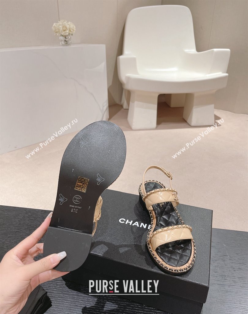 Chanel Quilted Lambskin Strap Heel Sandals 4cm with Chain Charm Beige 2024 0423 (MD-240423073)