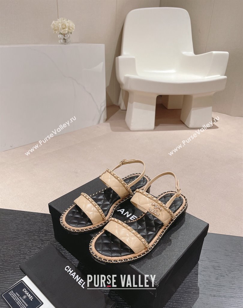 Chanel Quilted Lambskin Strap Flat Sandals with Chain Charm Beige 2024 0423 (MD-240423074)