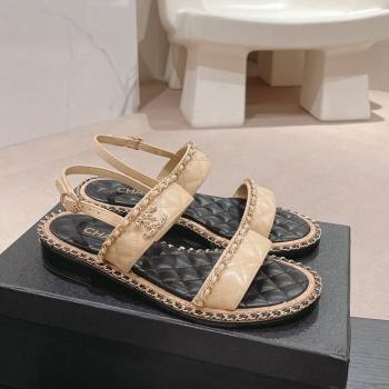 Chanel Quilted Lambskin Strap Flat Sandals with Chain Charm Beige 2024 0423 (MD-240423074)