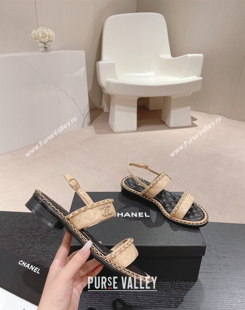 Chanel Quilted Lambskin Strap Flat Sandals with Chain Charm Beige 2024 0423 (MD-240423074)