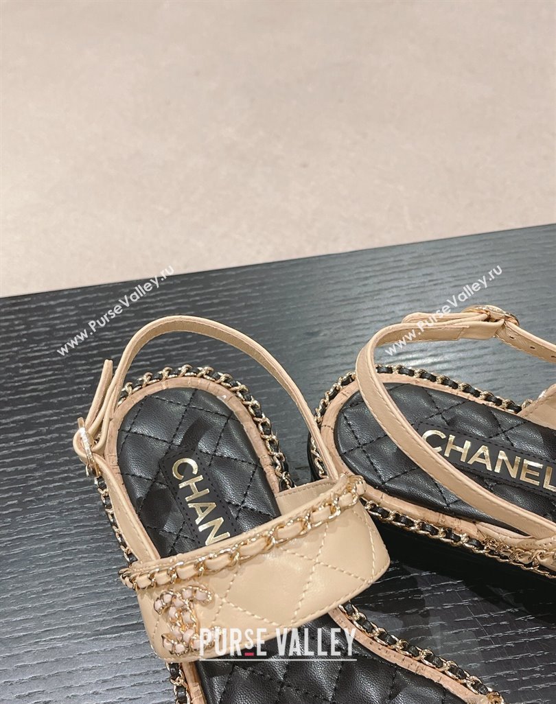 Chanel Quilted Lambskin Strap Flat Sandals with Chain Charm Beige 2024 0423 (MD-240423074)