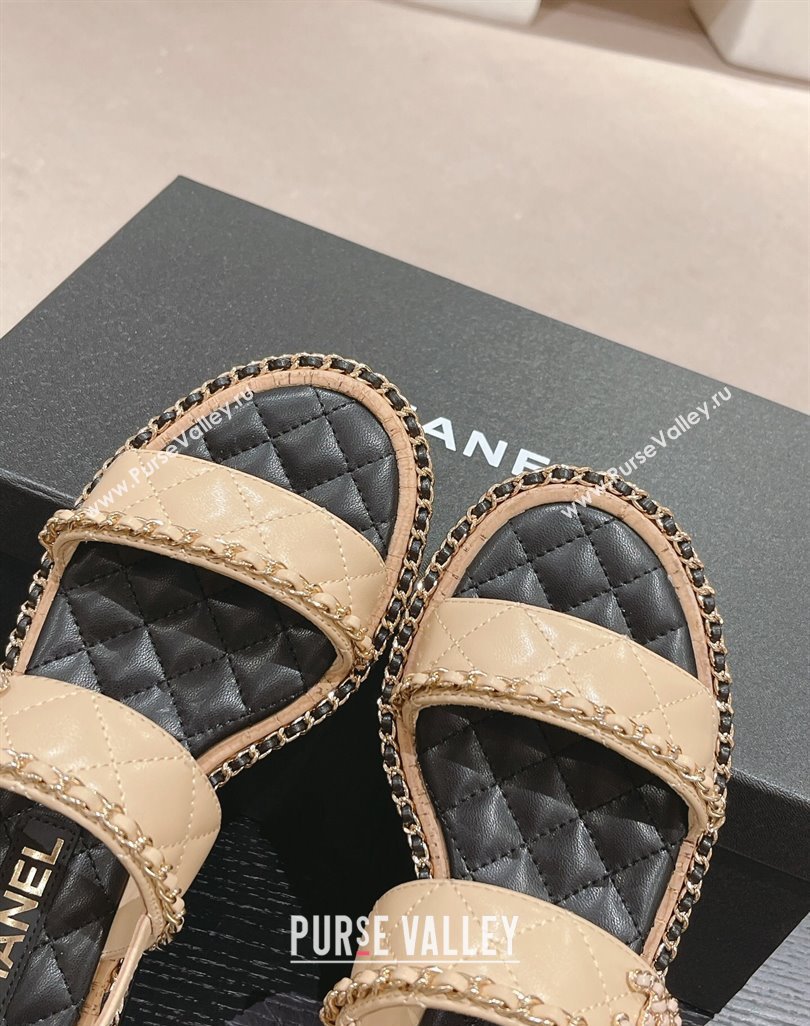 Chanel Quilted Lambskin Strap Flat Sandals with Chain Charm Beige 2024 0423 (MD-240423074)