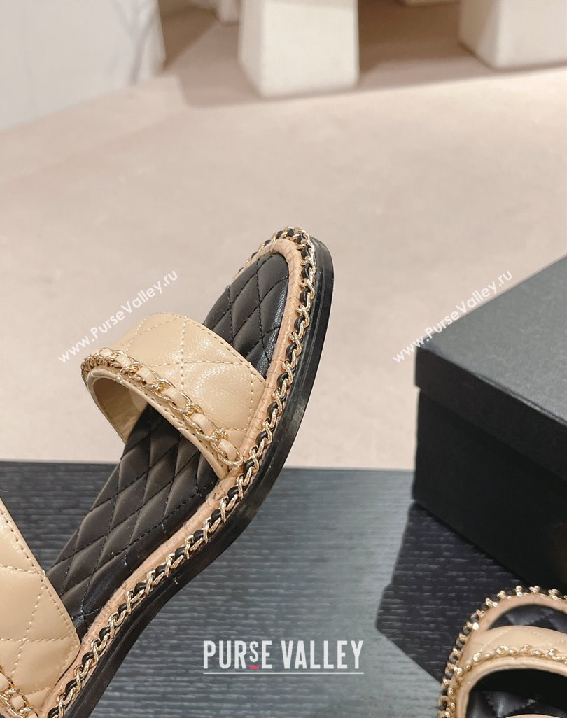 Chanel Quilted Lambskin Strap Flat Sandals with Chain Charm Beige 2024 0423 (MD-240423074)