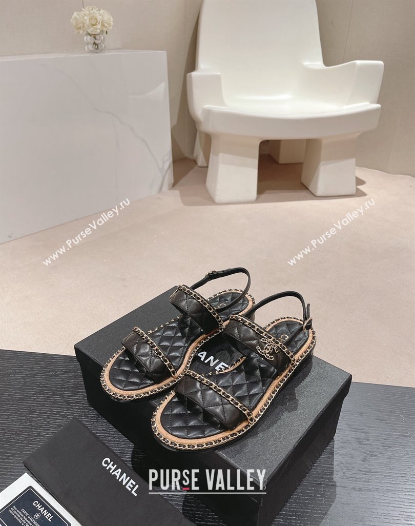 Chanel Quilted Lambskin Strap Flat Sandals with Chain Charm Black 2024 0423 (MD-240423075)