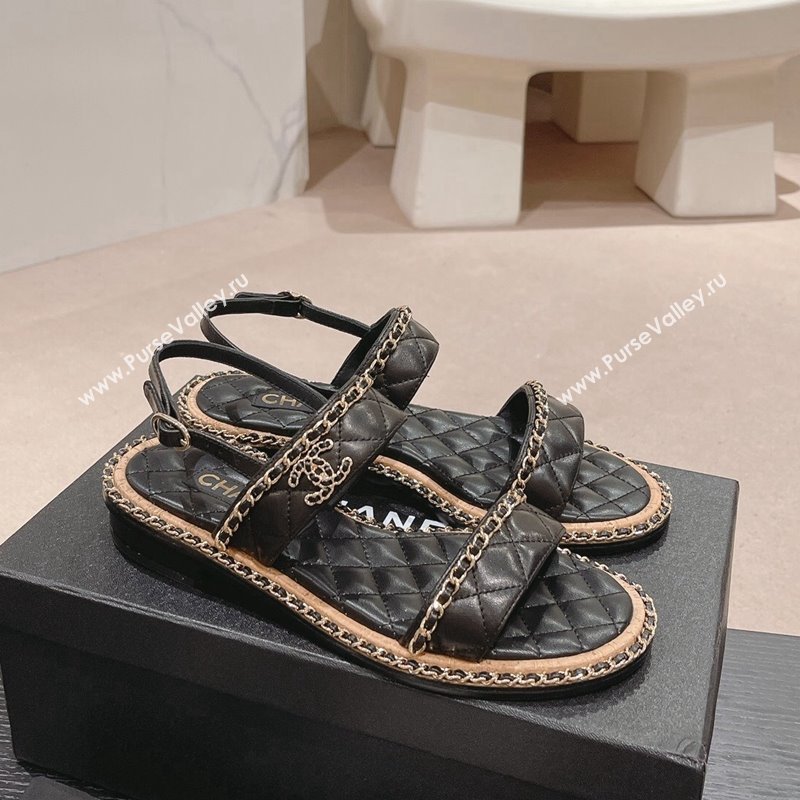 Chanel Quilted Lambskin Strap Flat Sandals with Chain Charm Black 2024 0423 (MD-240423075)