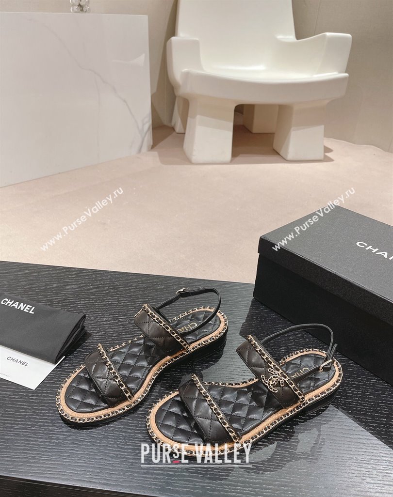 Chanel Quilted Lambskin Strap Flat Sandals with Chain Charm Black 2024 0423 (MD-240423075)