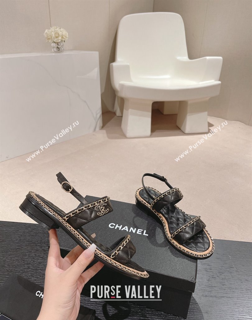 Chanel Quilted Lambskin Strap Flat Sandals with Chain Charm Black 2024 0423 (MD-240423075)