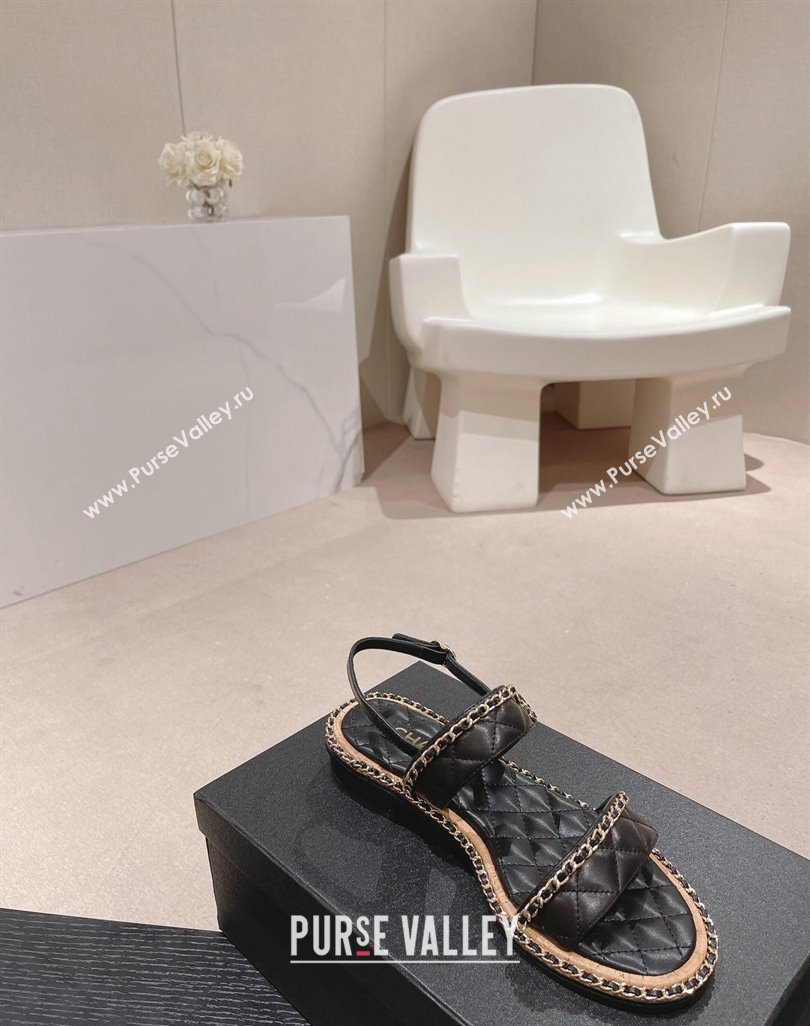Chanel Quilted Lambskin Strap Flat Sandals with Chain Charm Black 2024 0423 (MD-240423075)