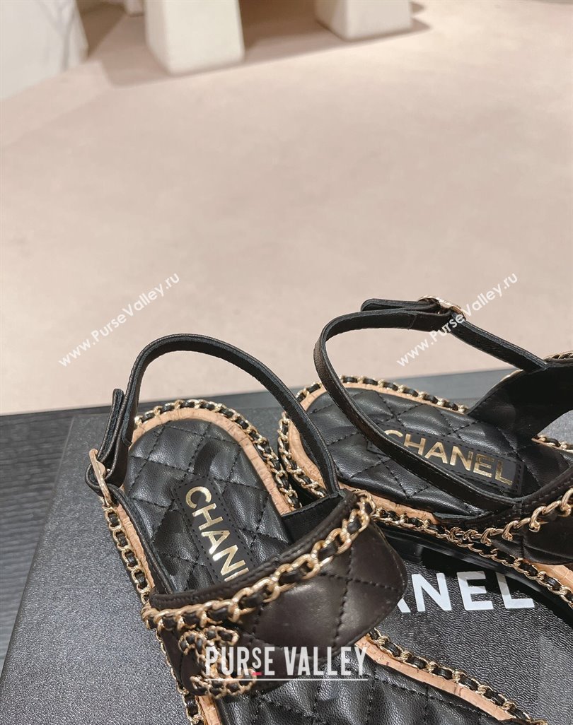 Chanel Quilted Lambskin Strap Flat Sandals with Chain Charm Black 2024 0423 (MD-240423075)