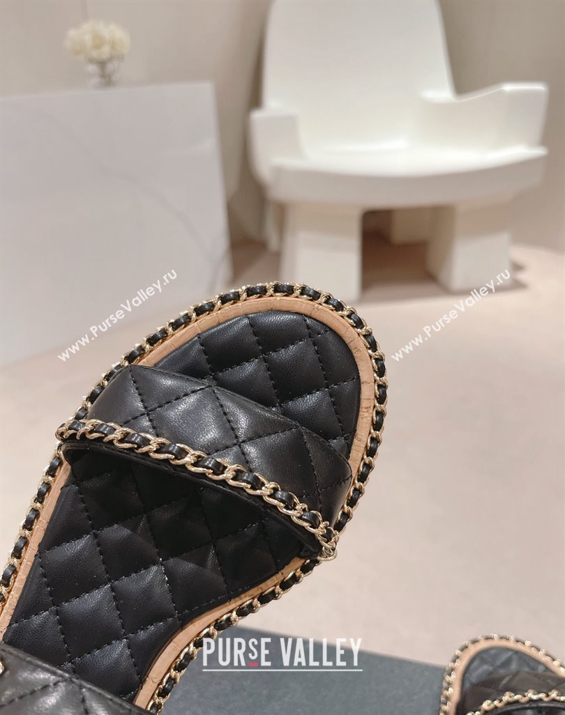 Chanel Quilted Lambskin Strap Flat Sandals with Chain Charm Black 2024 0423 (MD-240423075)