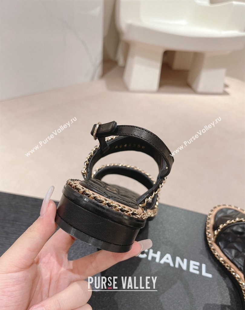 Chanel Quilted Lambskin Strap Flat Sandals with Chain Charm Black 2024 0423 (MD-240423075)