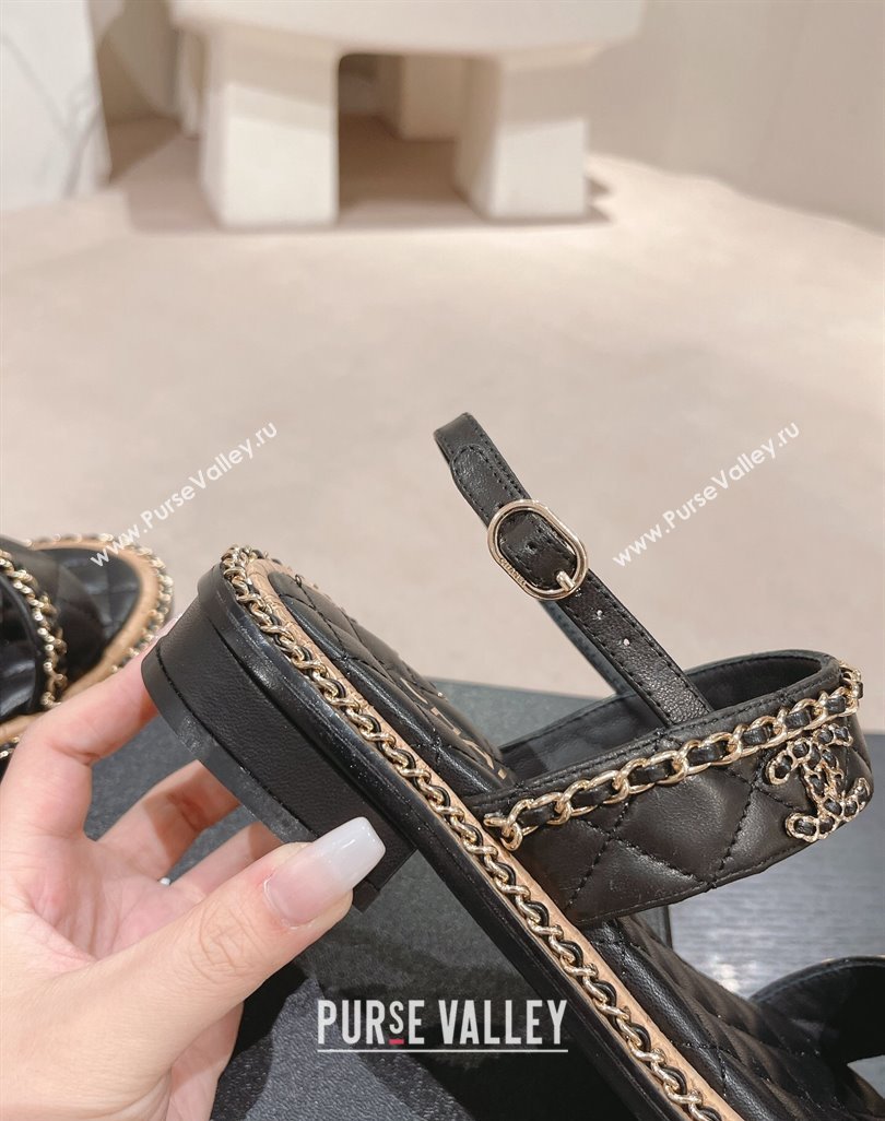 Chanel Quilted Lambskin Strap Flat Sandals with Chain Charm Black 2024 0423 (MD-240423075)