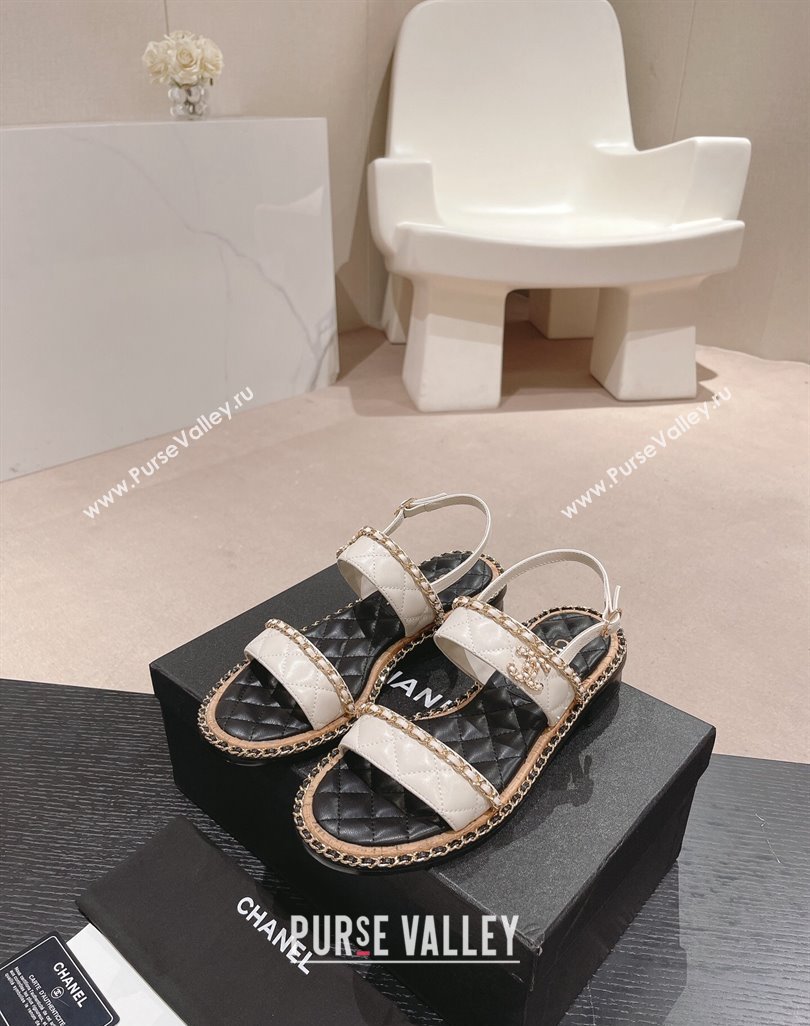 Chanel Quilted Lambskin Strap Flat Sandals with Chain Charm White 2024 0423 (MD-240423076)