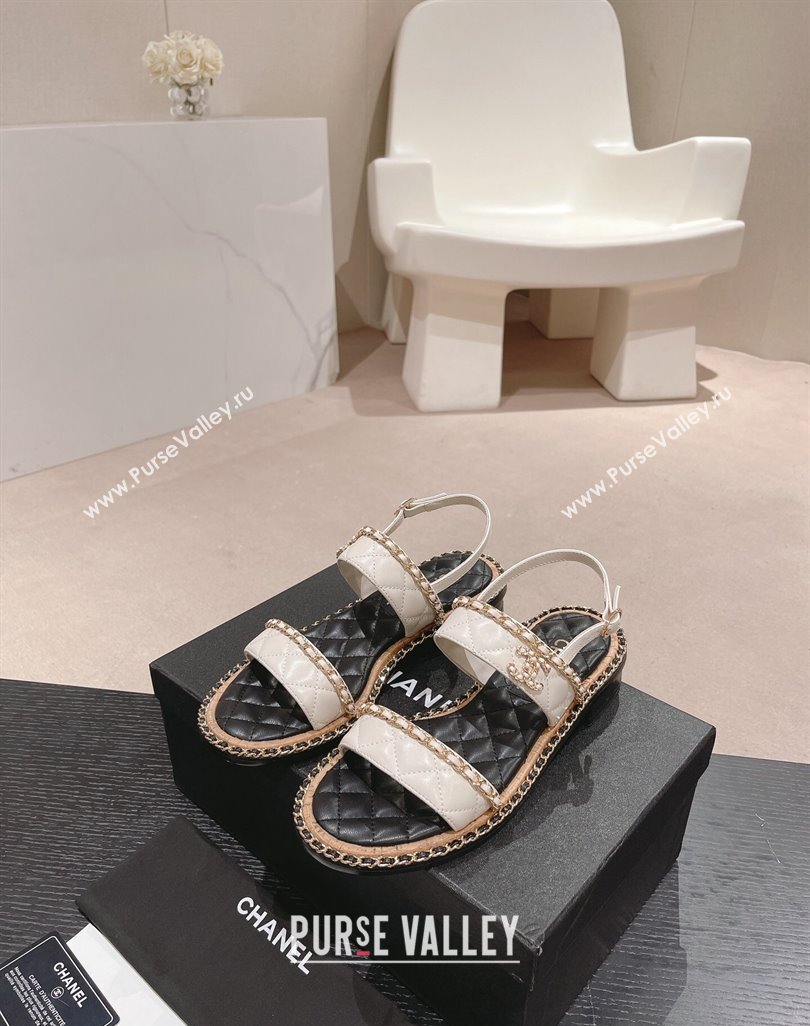 Chanel Quilted Lambskin Strap Flat Sandals with Chain Charm White 2024 0423 (MD-240423076)