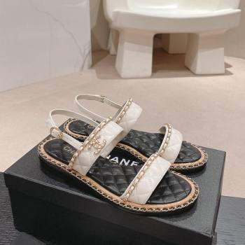 Chanel Quilted Lambskin Strap Flat Sandals with Chain Charm White 2024 0423 (MD-240423076)