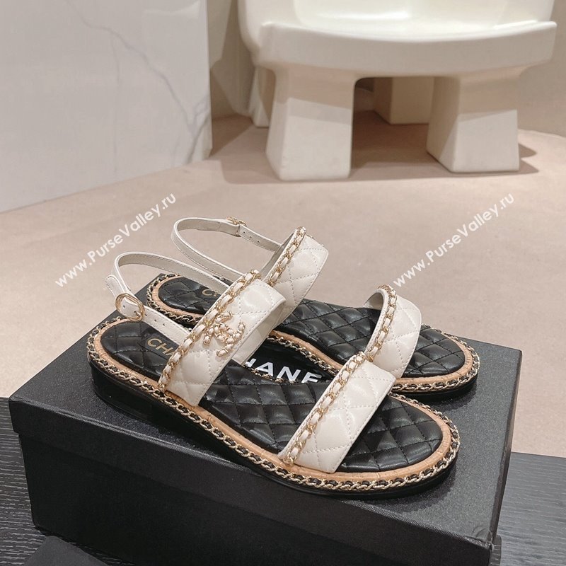 Chanel Quilted Lambskin Strap Flat Sandals with Chain Charm White 2024 0423 (MD-240423076)