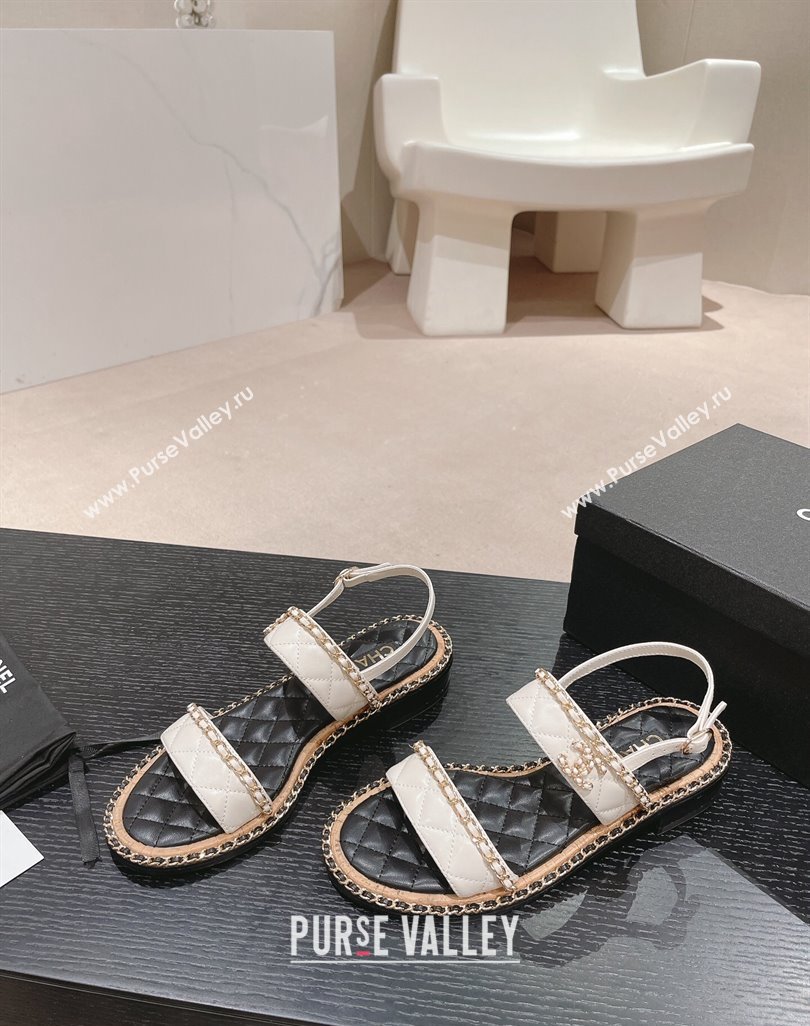 Chanel Quilted Lambskin Strap Flat Sandals with Chain Charm White 2024 0423 (MD-240423076)