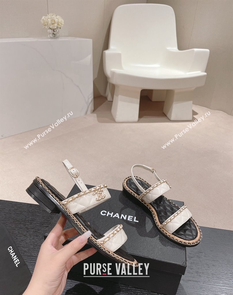 Chanel Quilted Lambskin Strap Flat Sandals with Chain Charm White 2024 0423 (MD-240423076)