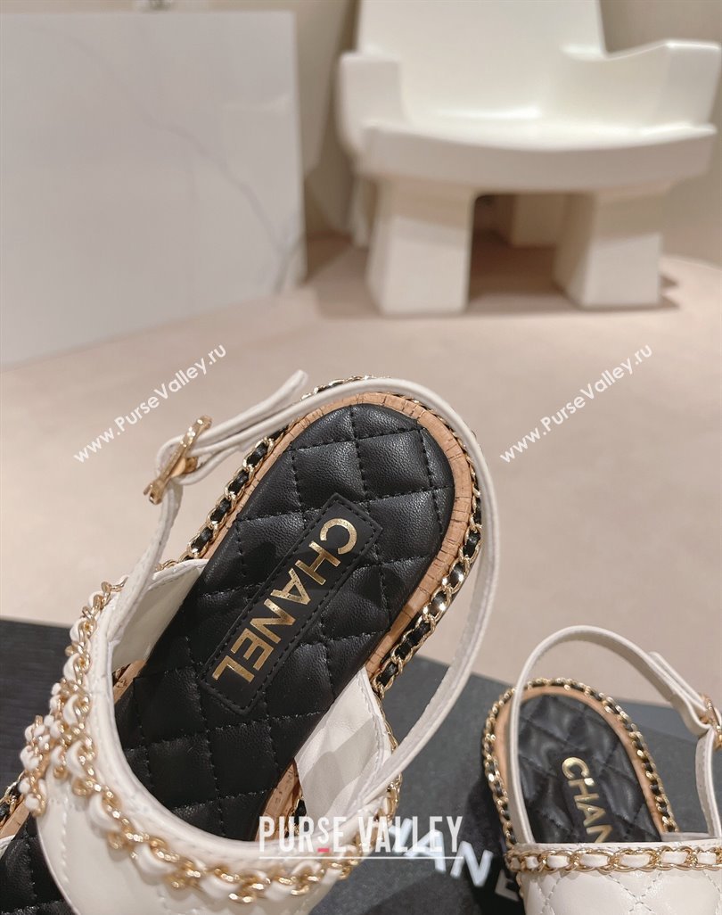 Chanel Quilted Lambskin Strap Flat Sandals with Chain Charm White 2024 0423 (MD-240423076)