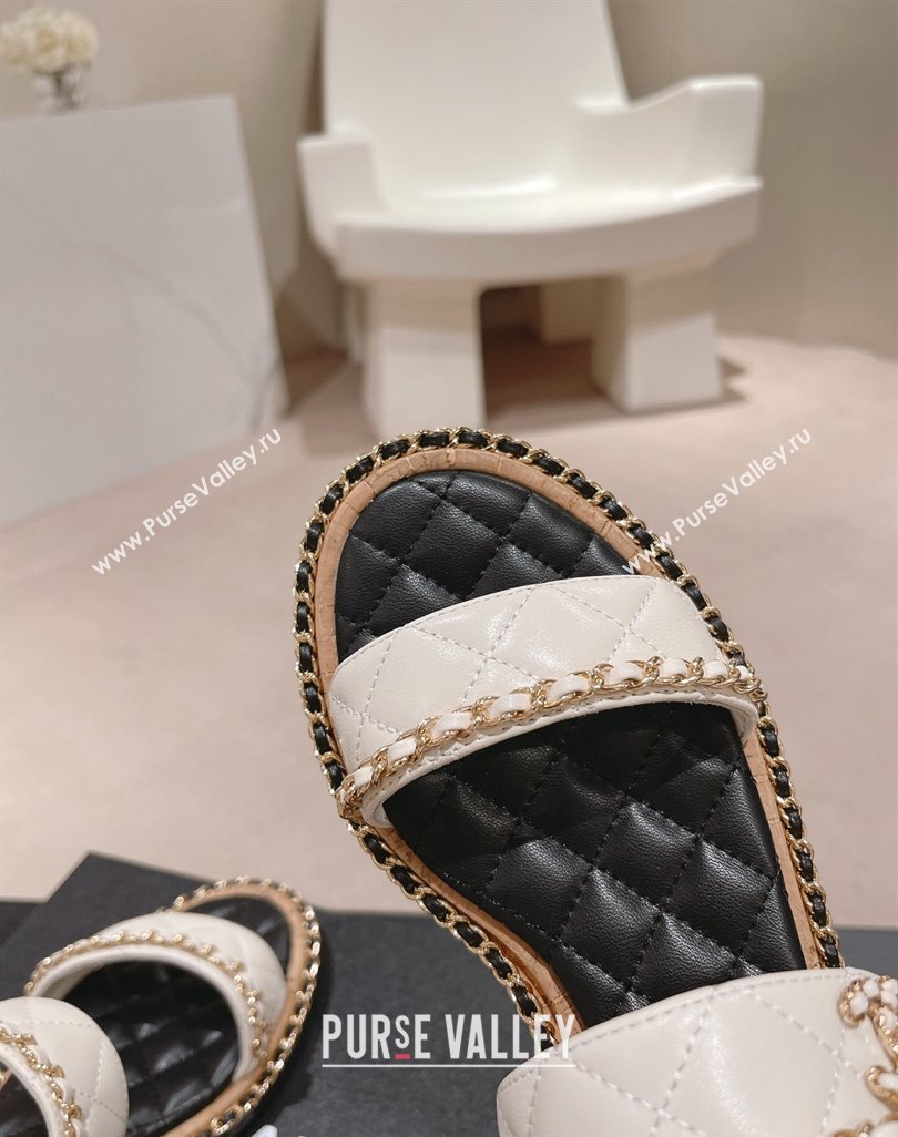 Chanel Quilted Lambskin Strap Flat Sandals with Chain Charm White 2024 0423 (MD-240423076)
