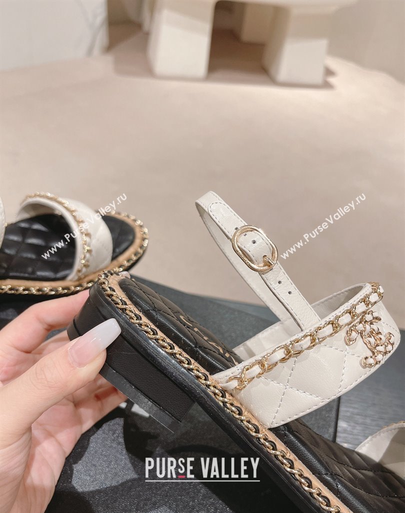 Chanel Quilted Lambskin Strap Flat Sandals with Chain Charm White 2024 0423 (MD-240423076)