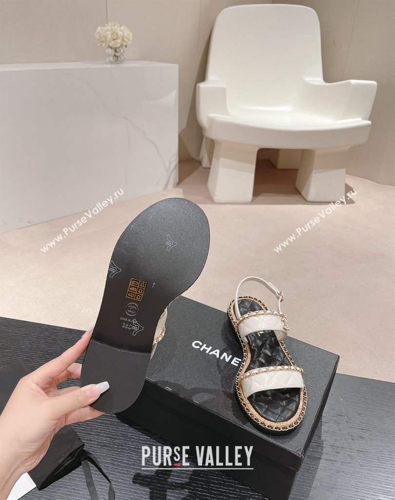 Chanel Quilted Lambskin Strap Flat Sandals with Chain Charm White 2024 0423 (MD-240423076)